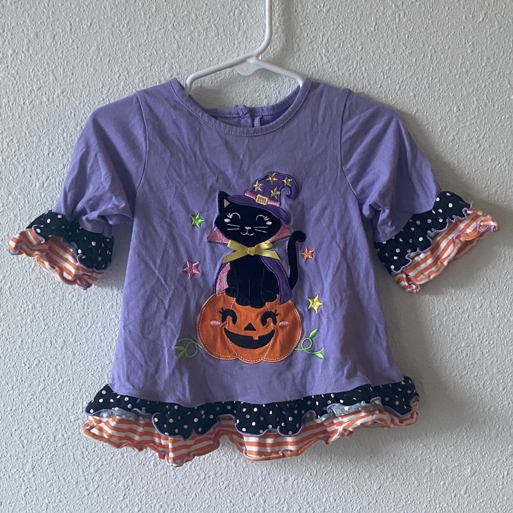 Good Lad Purple Halloween Cat & Pumpkin Ruffle Top with Orange Trim